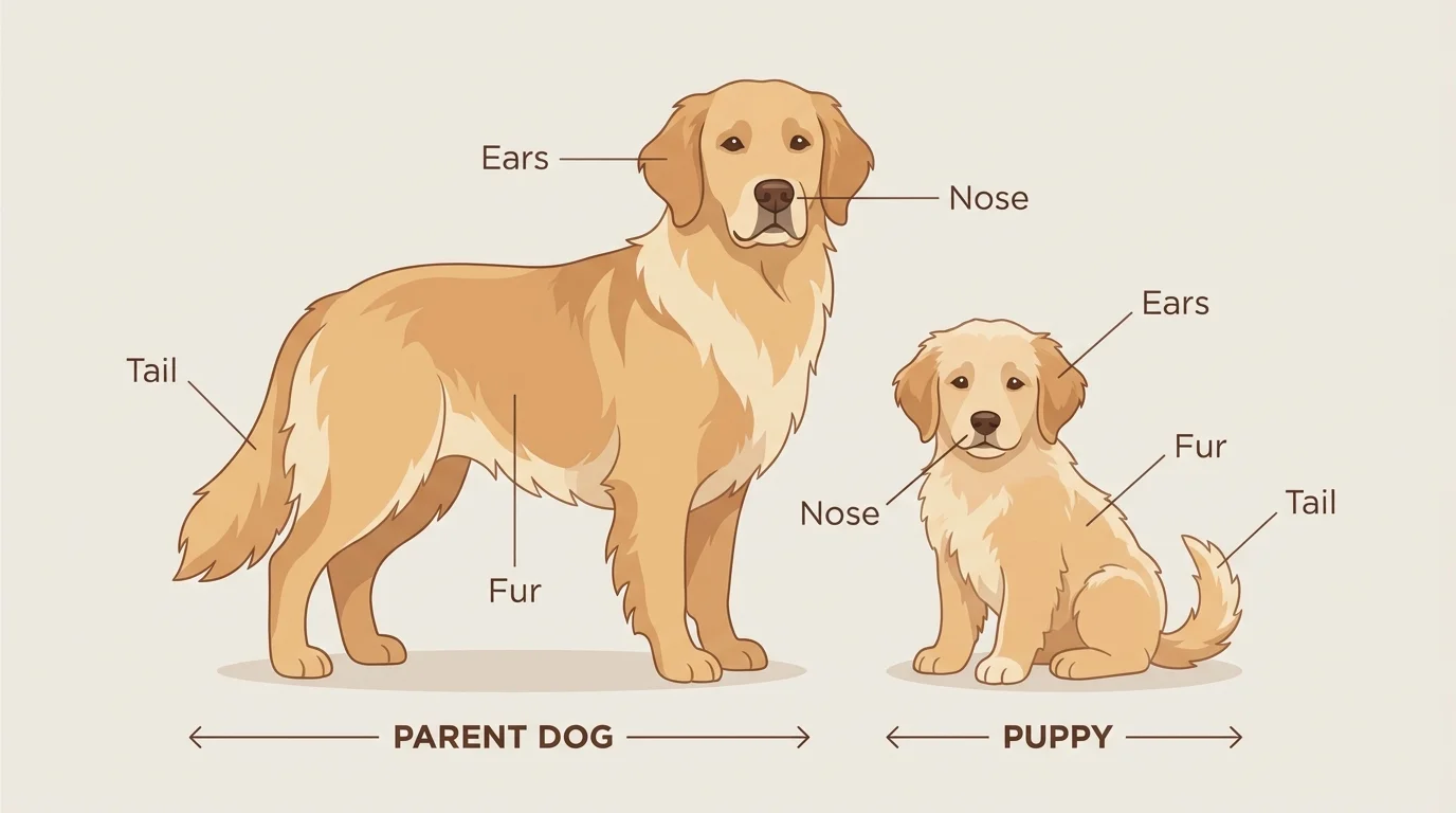 Parent dog beside puppy with matching body parts labeled ears, tail, fur, nose