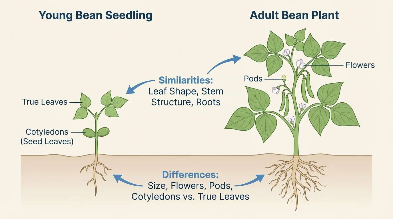Small bean seedling next to adult bean plant with similar leaf shape and stem