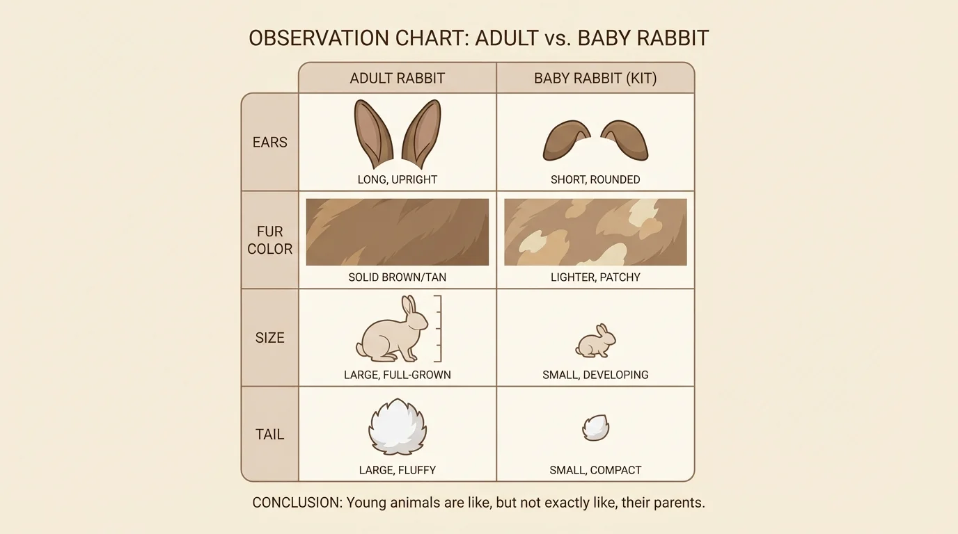 Observation chart comparing adult rabbit and baby rabbit with rows for ears, fur color, size, and tail