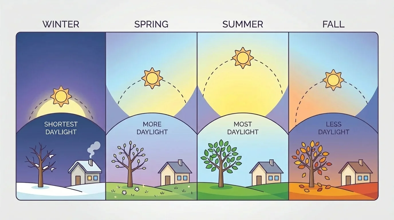Four seasonal panels labeled winter, spring, summer, and fall, showing shortest daylight in winter, more in spring, most in summer, and less in fall