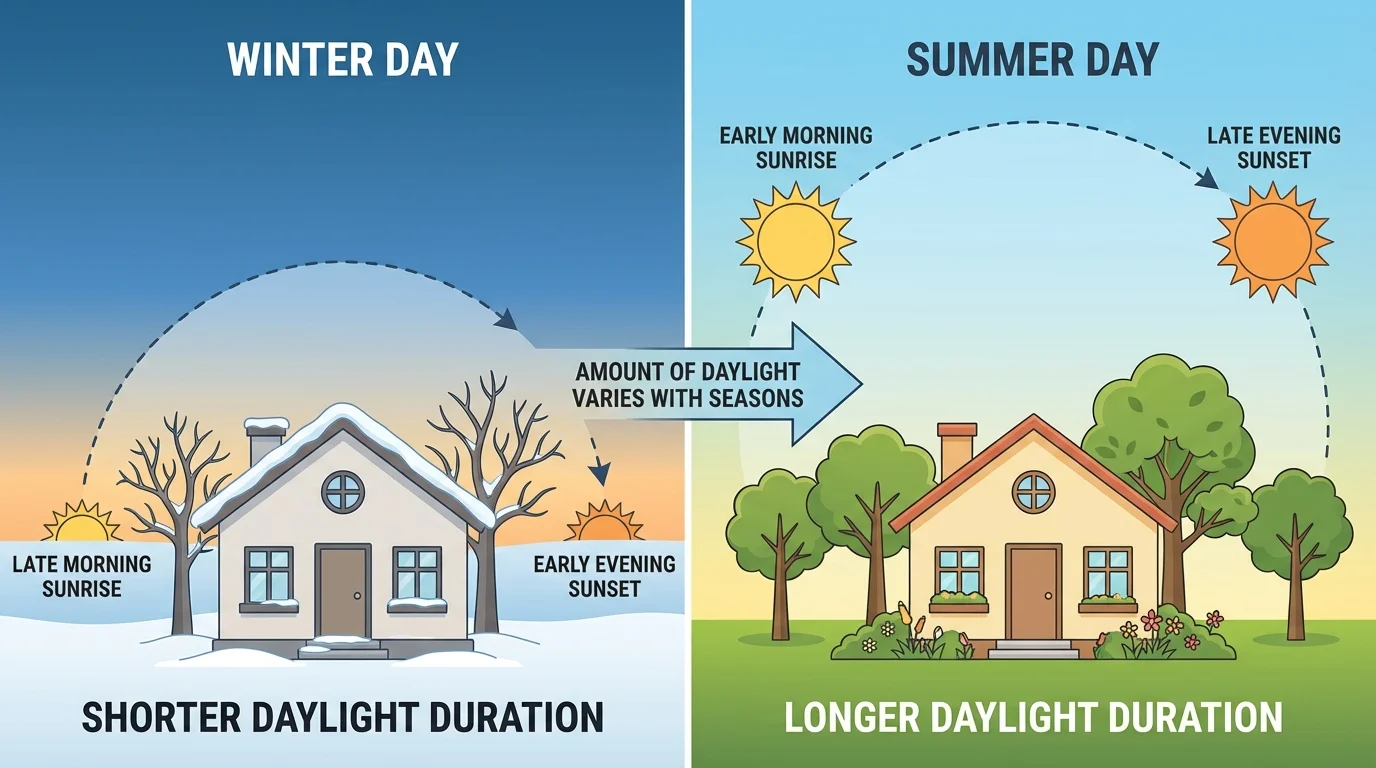 Same house shown on a winter day and a summer day, with winter having later morning light and earlier evening darkness, and summer having earlier morning light and later evening light