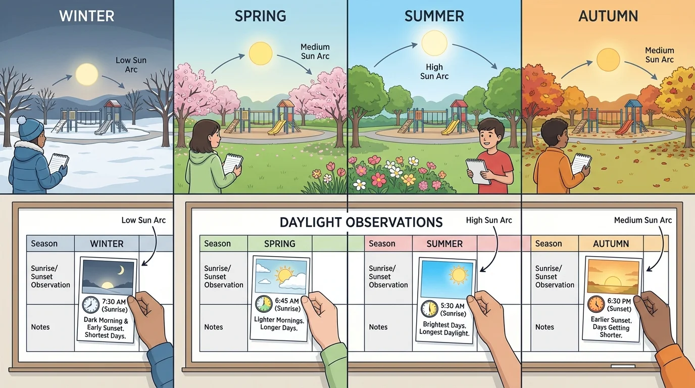 Student observing the same playground in different seasons and adding picture notes to a class chart showing lighter mornings or darker evenings