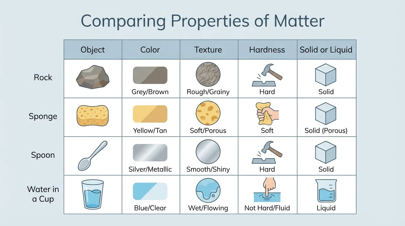 Simple classroom sorting chart comparing rock, sponge, spoon, and cup by color, texture, hardness, and solid or liquid