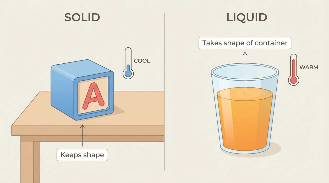 Side-by-side scene showing a toy block keeping its shape on a table and juice changing shape to fit a cup