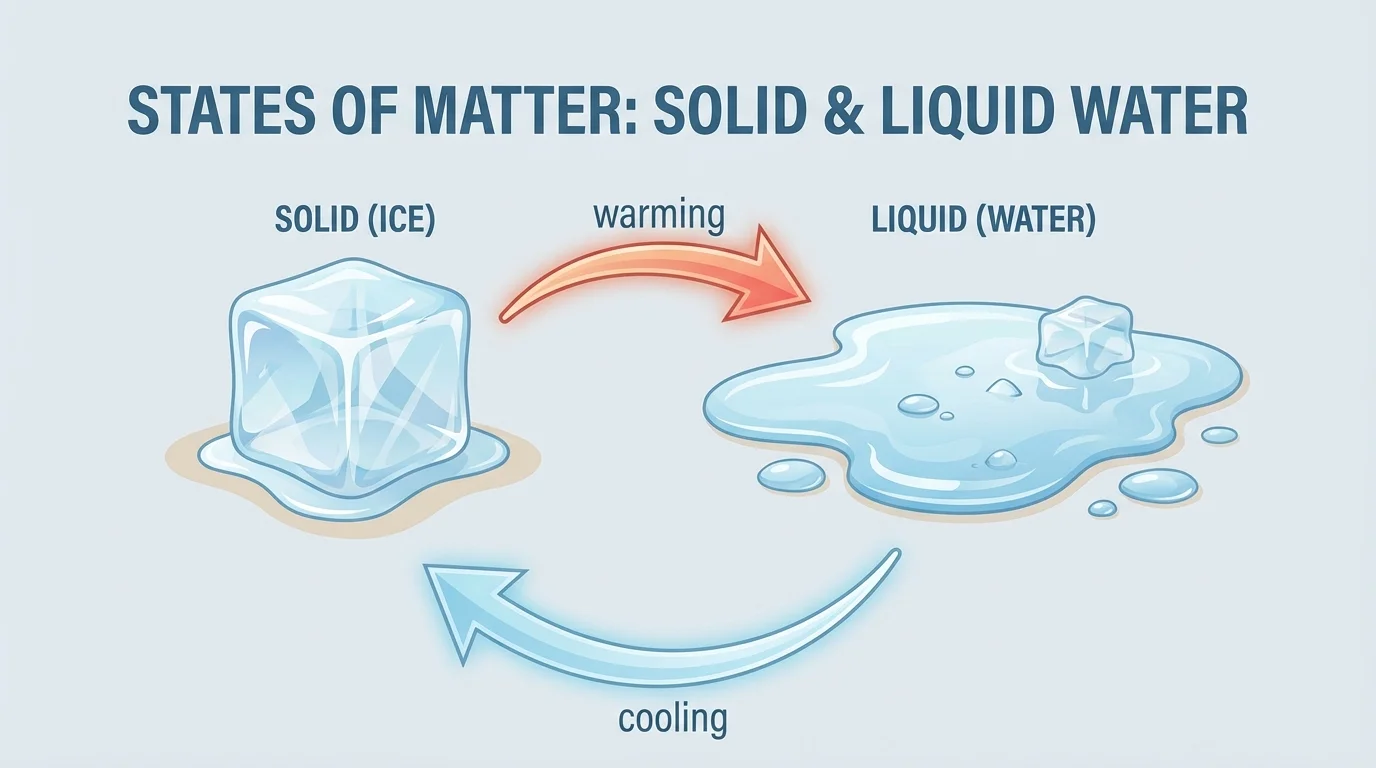 Ice cube, liquid water in a puddle, and arrows labeled warming and cooling to show melting and freezing