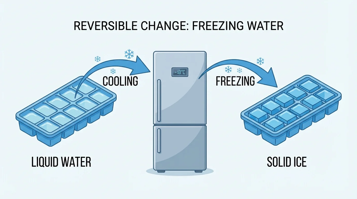 ice cube tray with liquid water going into a freezer and coming out as solid ice cubes, with arrows showing cooling