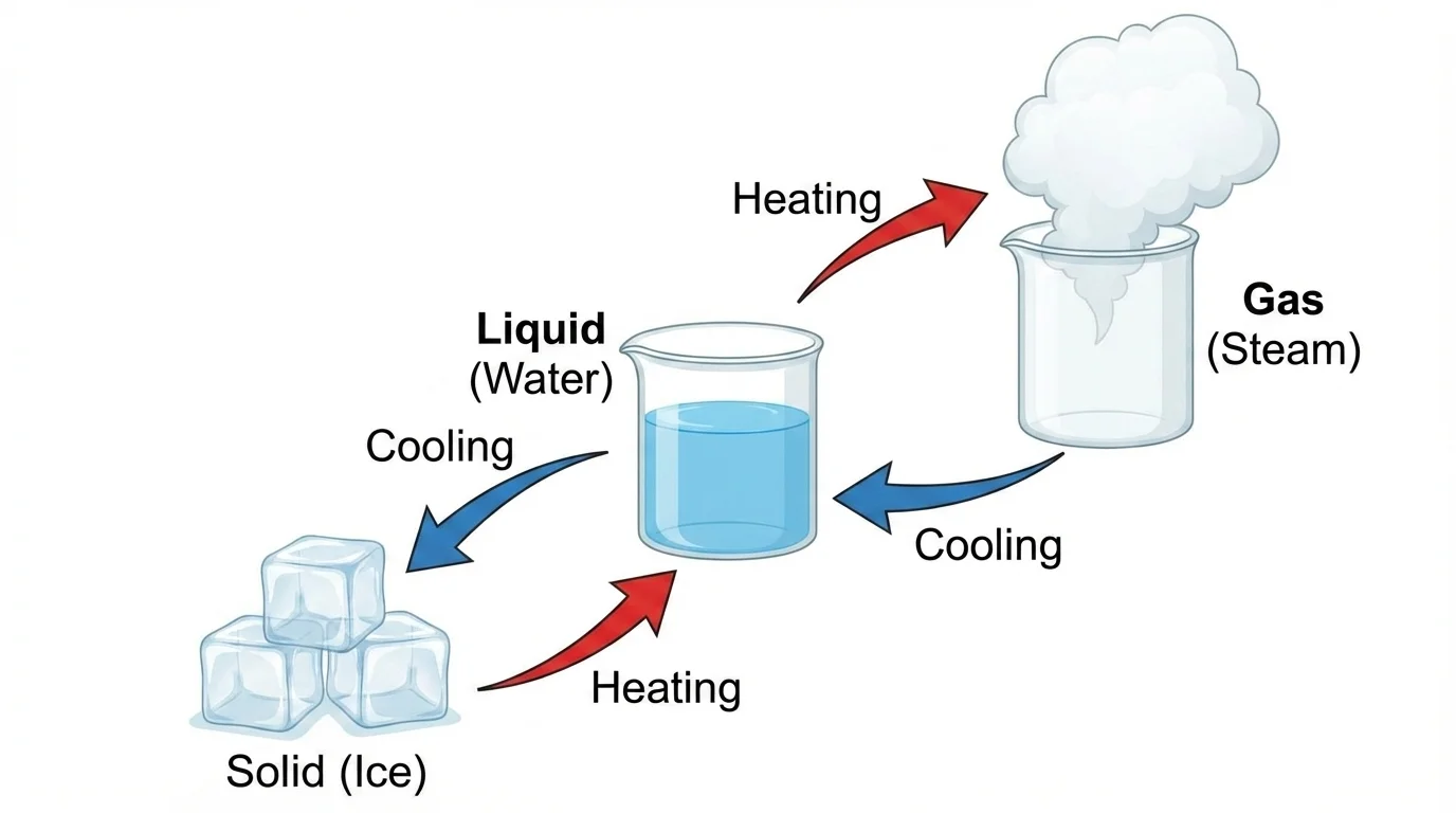 simple cycle showing ice, liquid water, and steam with arrows labeled heating and cooling