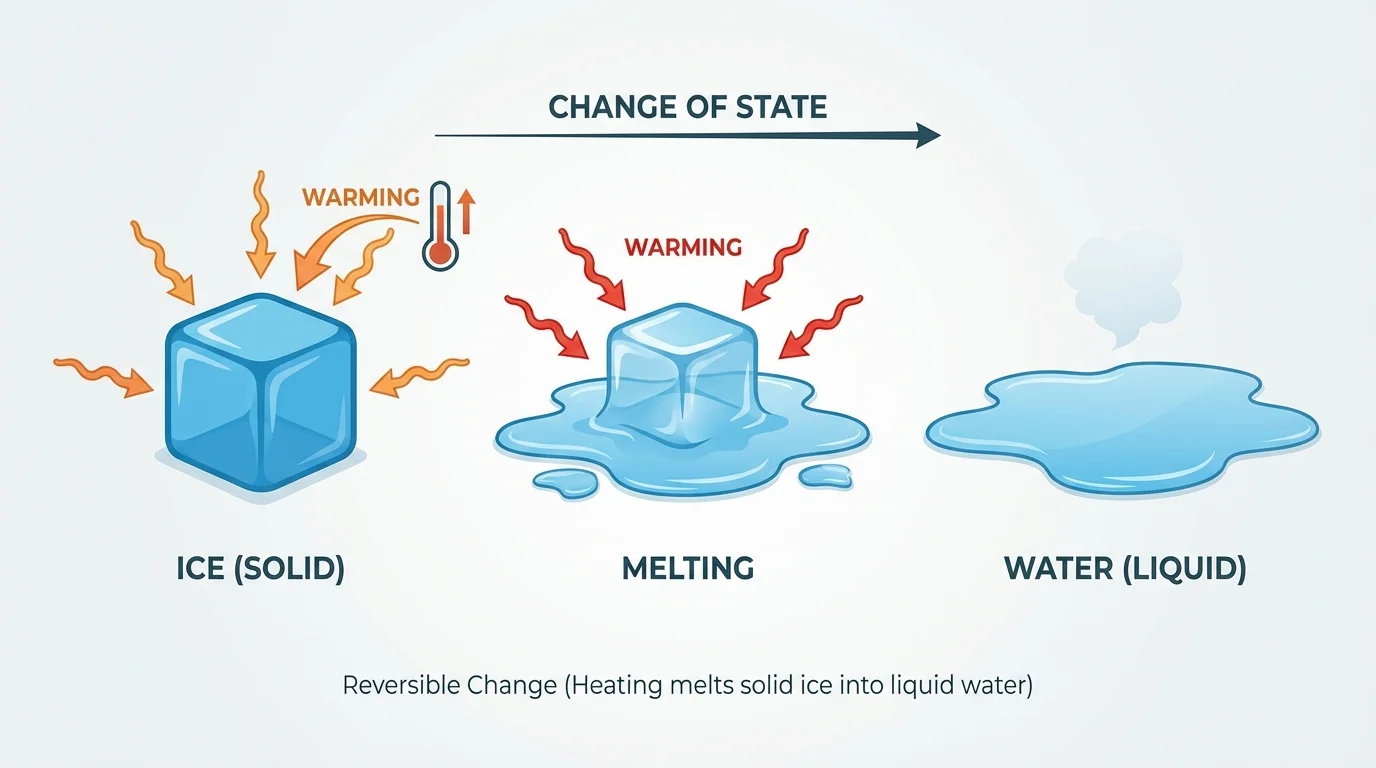 sequence of an ice cube melting into a small puddle of water in a warm room, with simple arrows showing warming