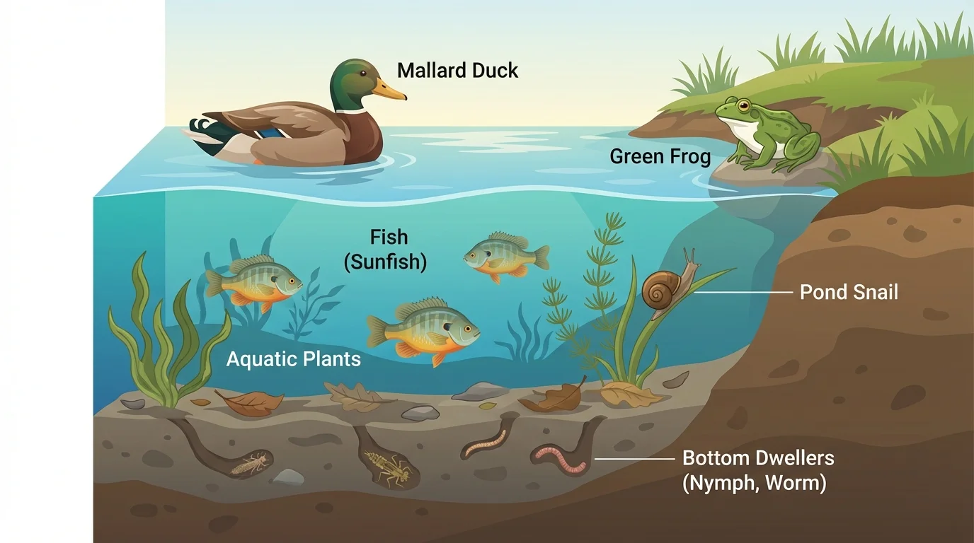 Pond cross-section showing duck on surface, frog near edge, fish swimming in middle water, snail on plants, and creatures in muddy bottom