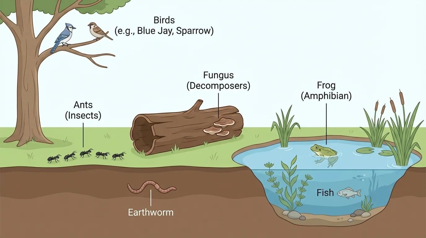 Park scene with tree branches, grass, soil, and a fallen log showing birds in tree, worm in soil, ants on ground, and fungus on log