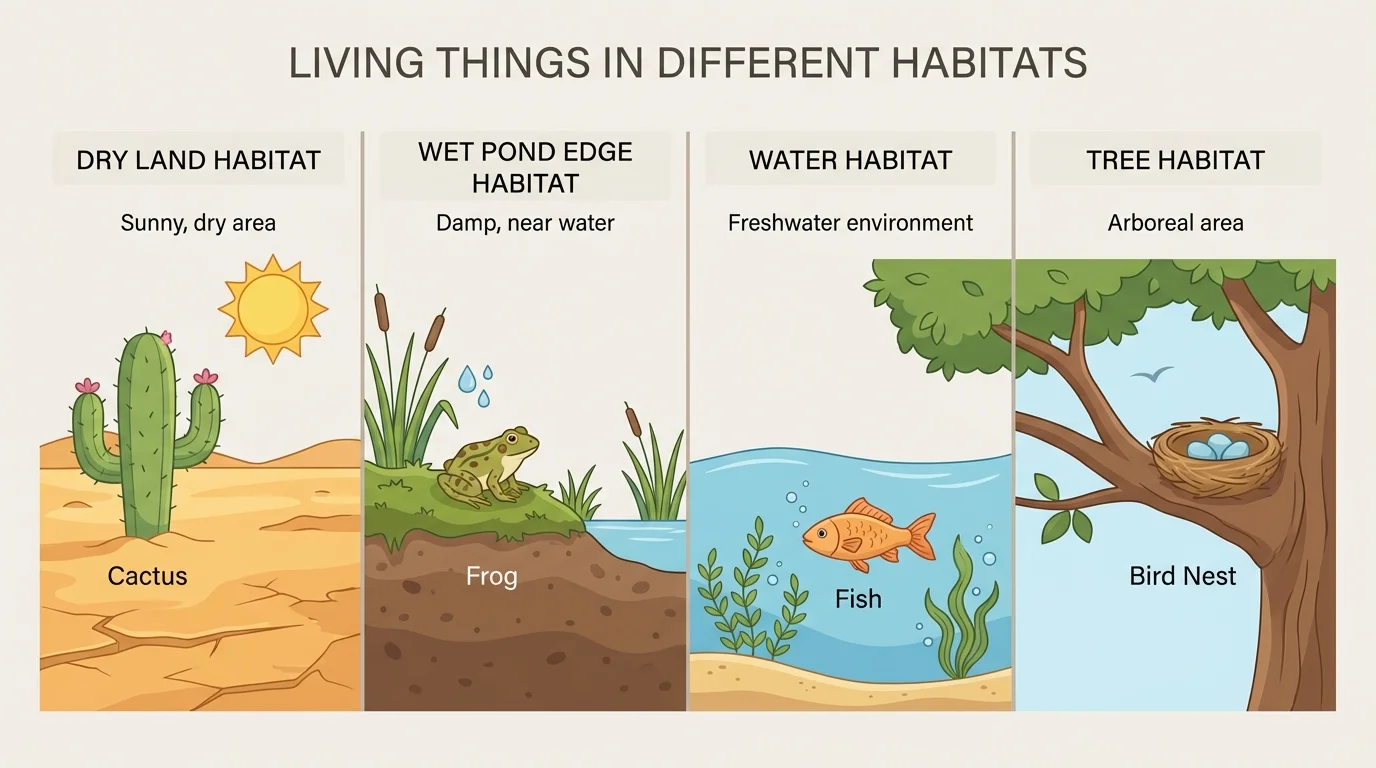 Simple habitat comparison chart with cactus in dry sunny land, frog near wet pond edge, fish in water, and bird nest in tree