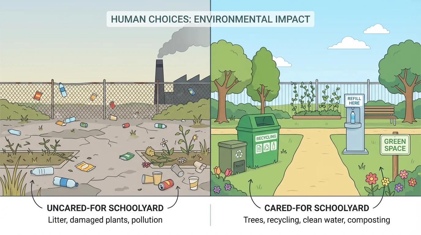 Two side-by-side schoolyard scenes, one with trash on ground and broken plants, one clean with trees and recycling bin