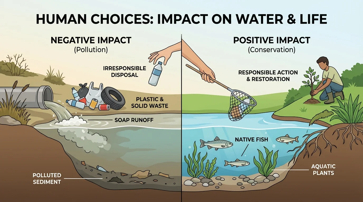 Stream split view with trash and soap runoff on one side and clean water with fish and plants on the other