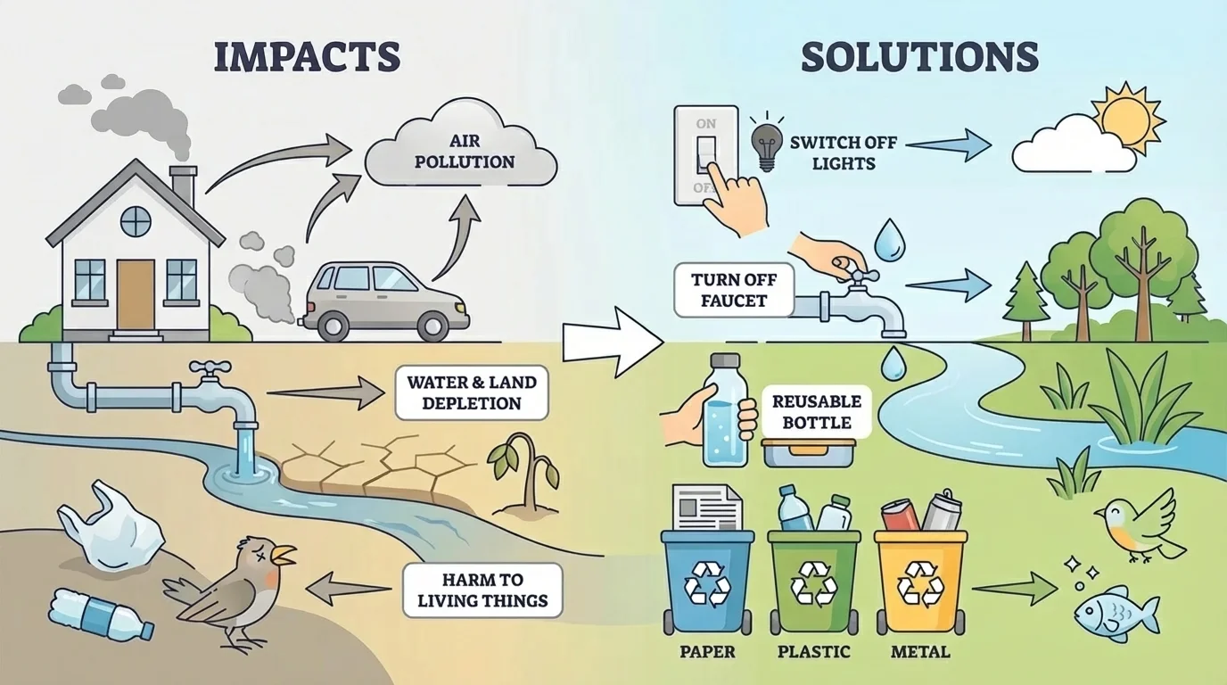Classroom and home actions: child turning off faucet, child switching off light, reusable bottle, paper-plastic-metal recycling bins
