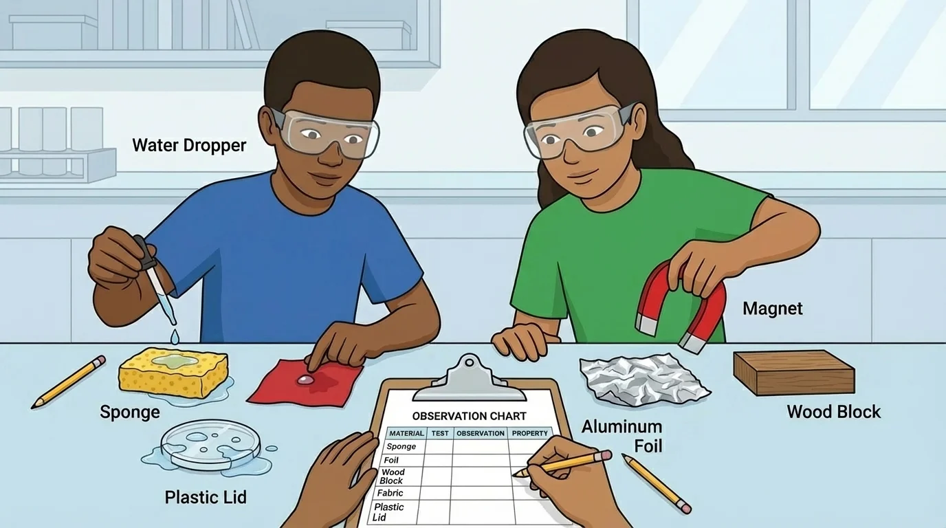 Illustration of students testing a sponge, foil, wood block, fabric, and plastic lid with water dropper and magnet, recording observations