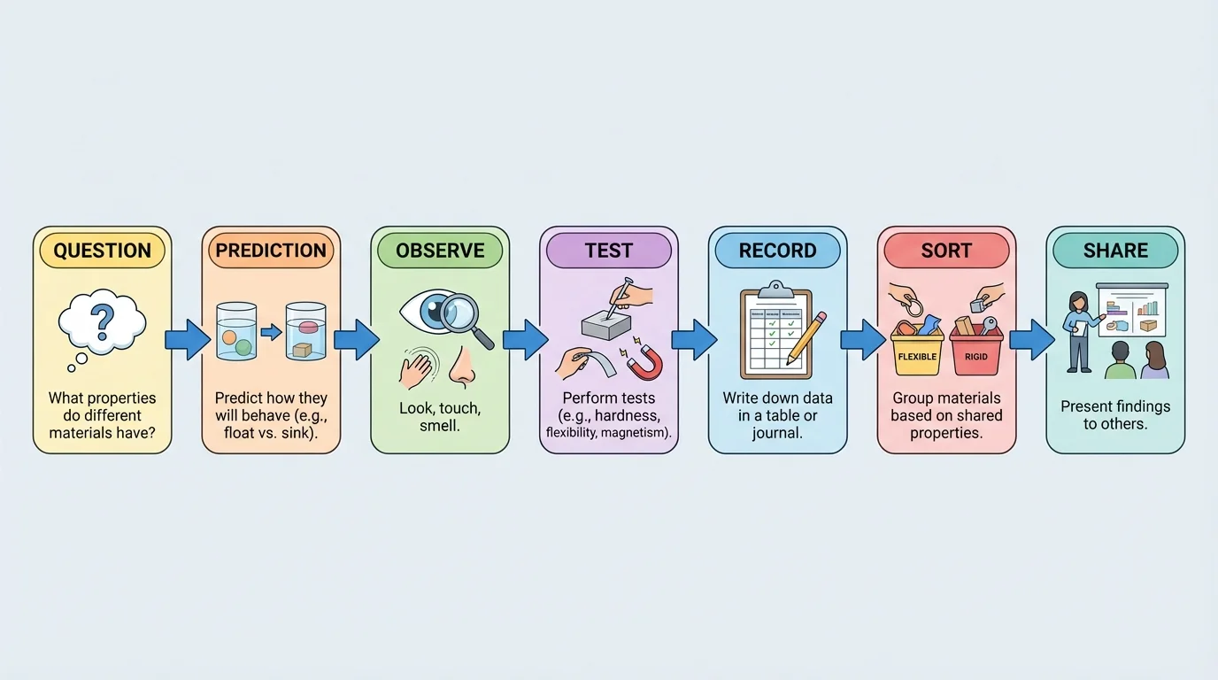 Flowchart showing investigation steps: question, prediction, observe, test, record, sort, share