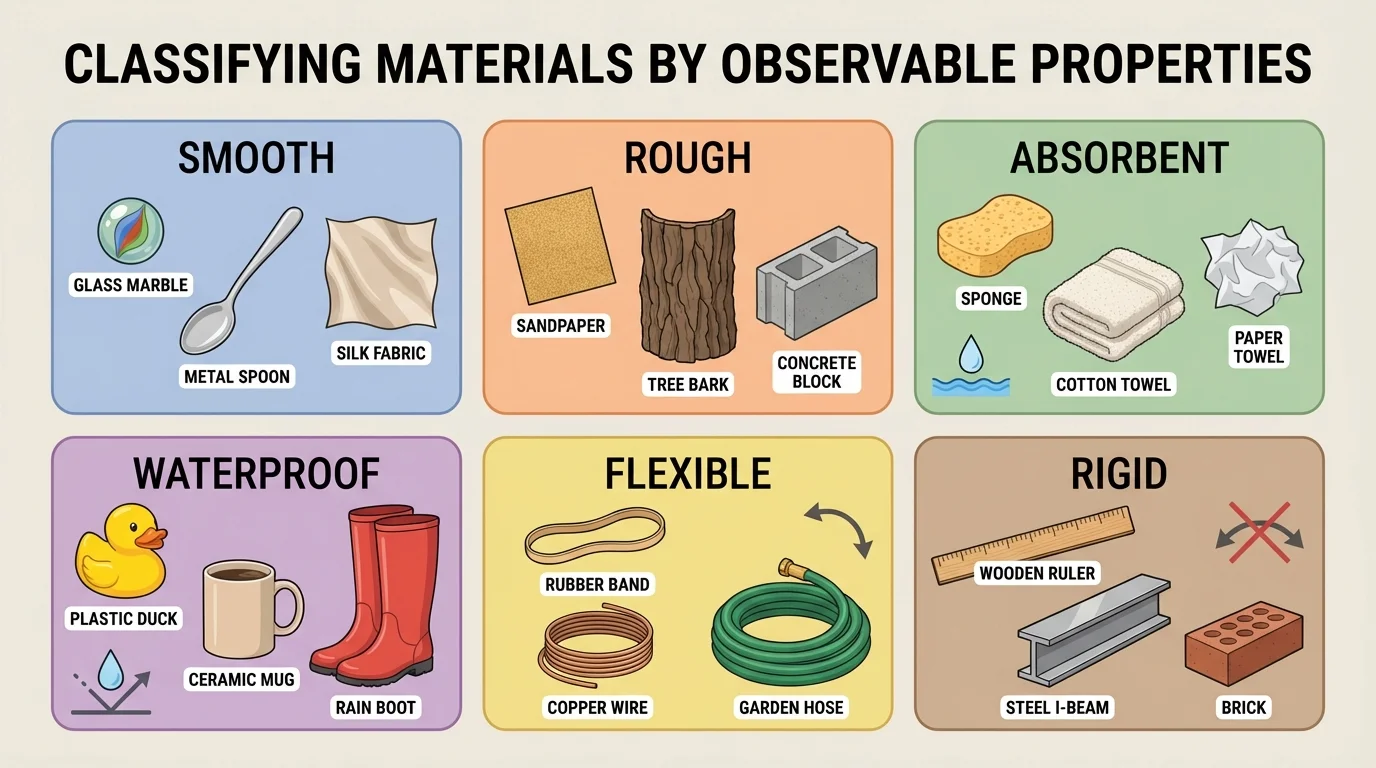 Chart with materials sorted into groups labeled smooth, rough, absorbent, waterproof, flexible, and rigid