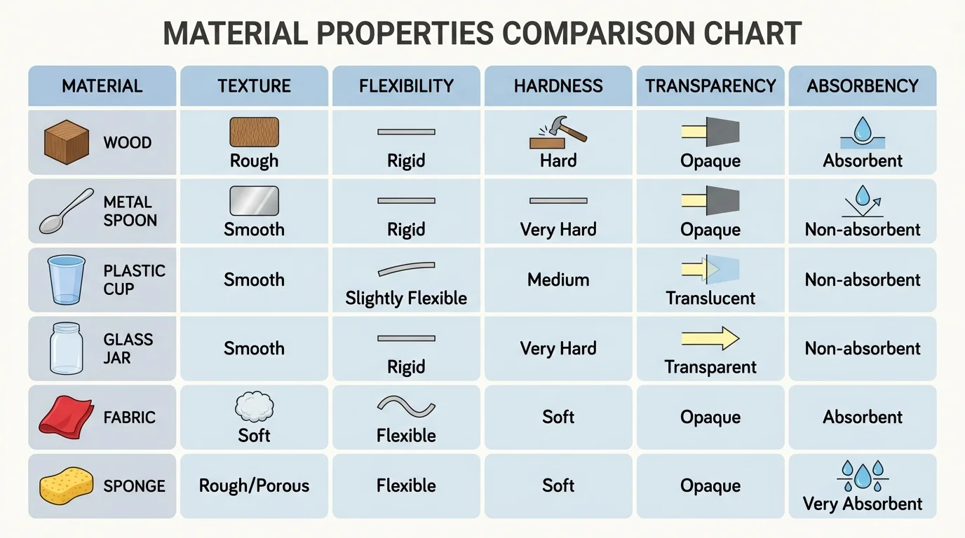Comparison chart of common materials such as wood, metal spoon, plastic cup, glass jar, fabric, and sponge labeled by observable properties