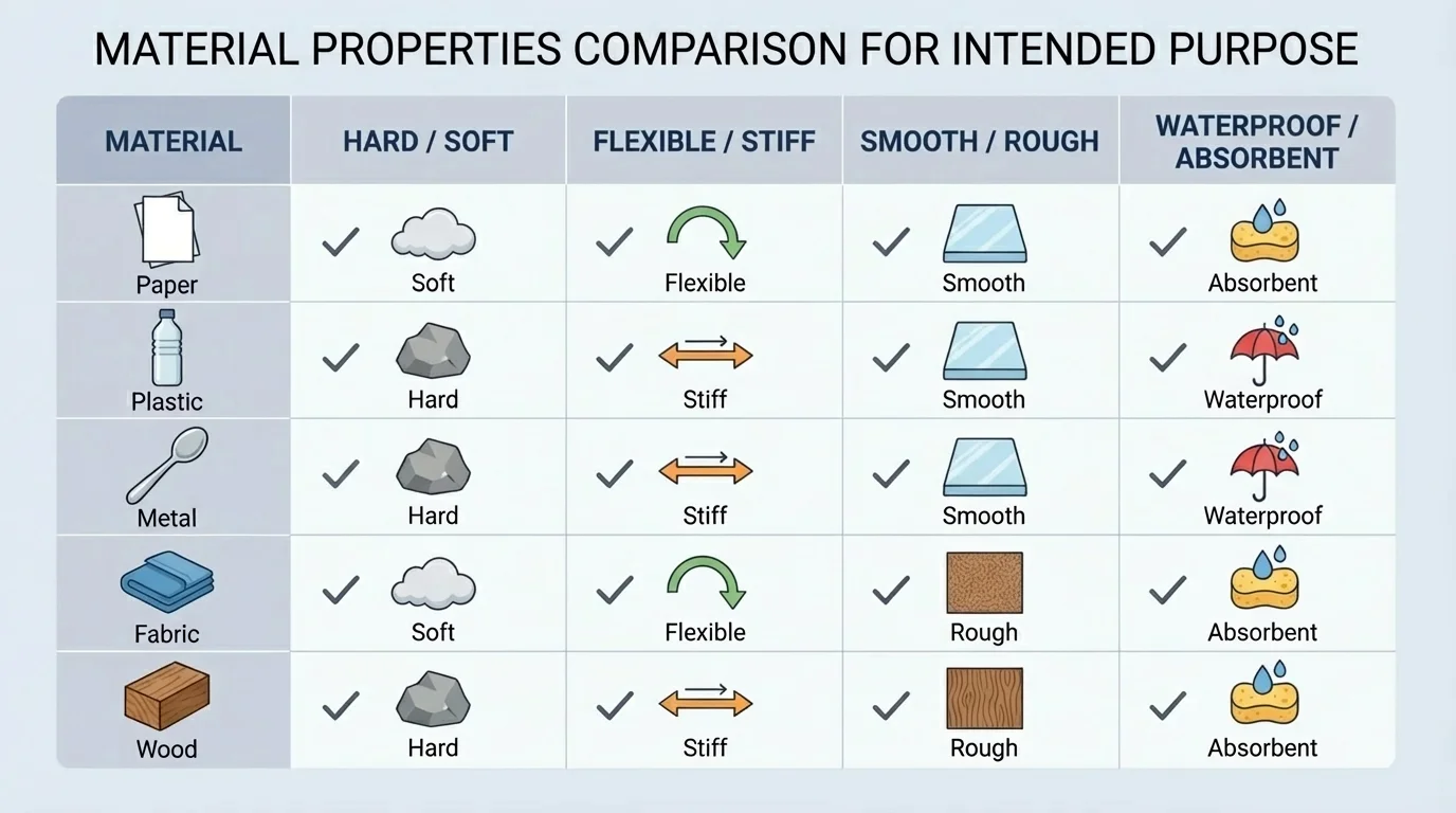 chart comparing paper, plastic, metal, fabric, and wood for hard or soft, flexible or stiff, smooth or rough, and waterproof or absorbent