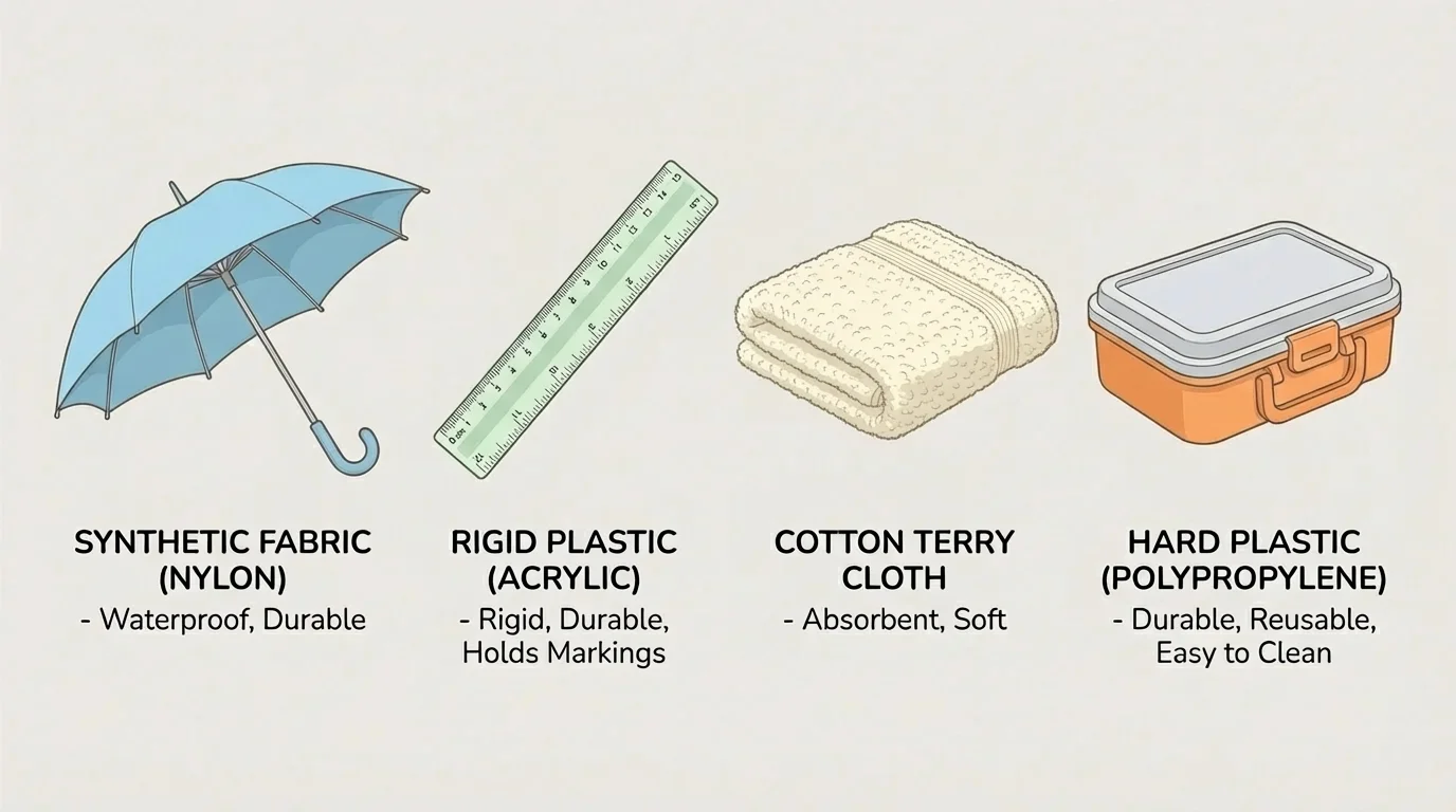 illustration of an umbrella, ruler, towel, and lunch box labeled with materials that best match each object's job