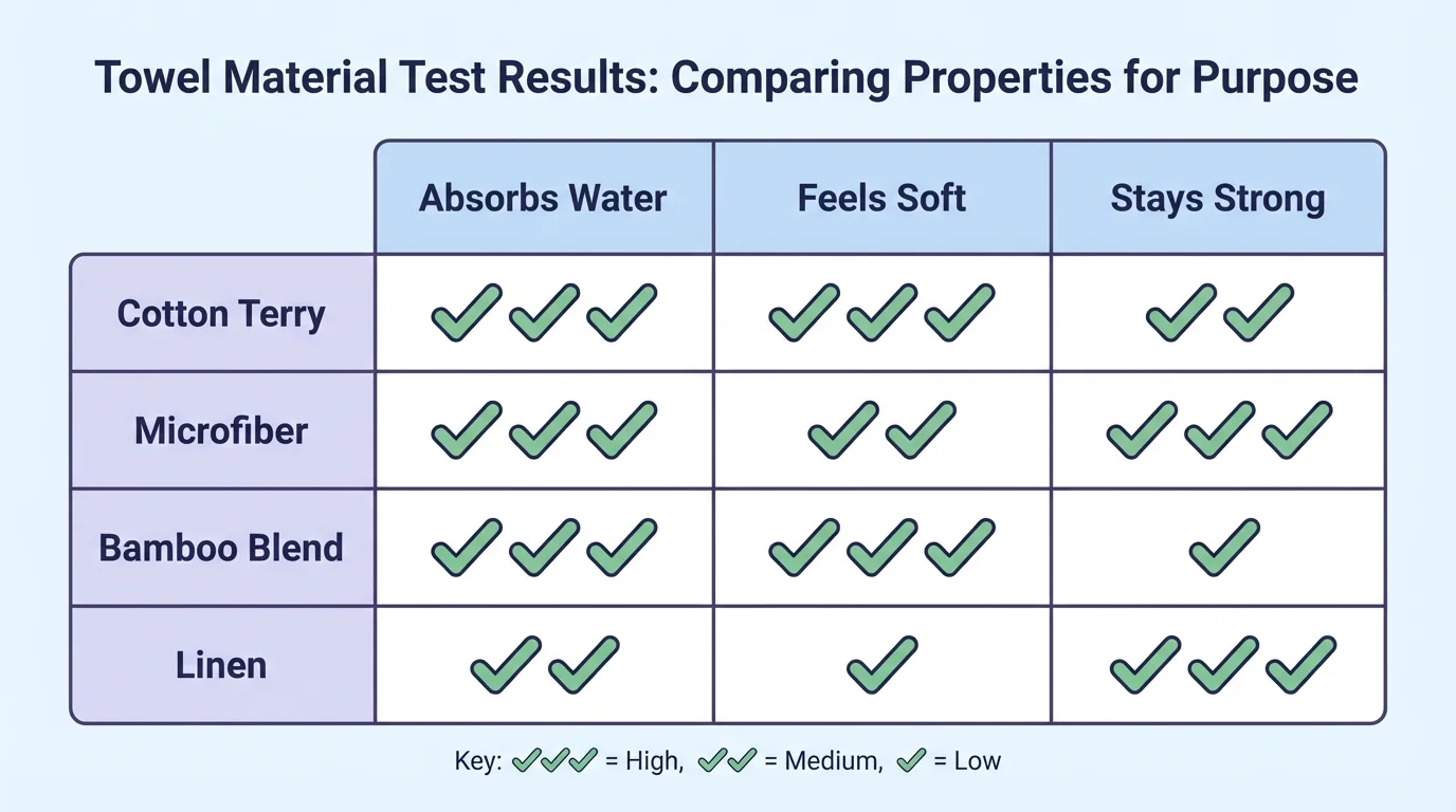 chart showing test results for towel materials with columns for absorbs water, feels soft, and stays strong, using simple check marks