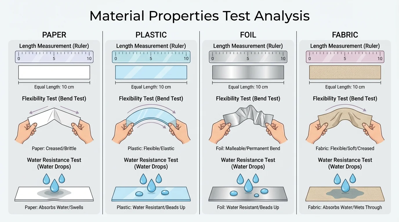diagram of equal-length strips of paper, plastic, foil, and fabric being tested with a ruler, a bend test, and drops of water