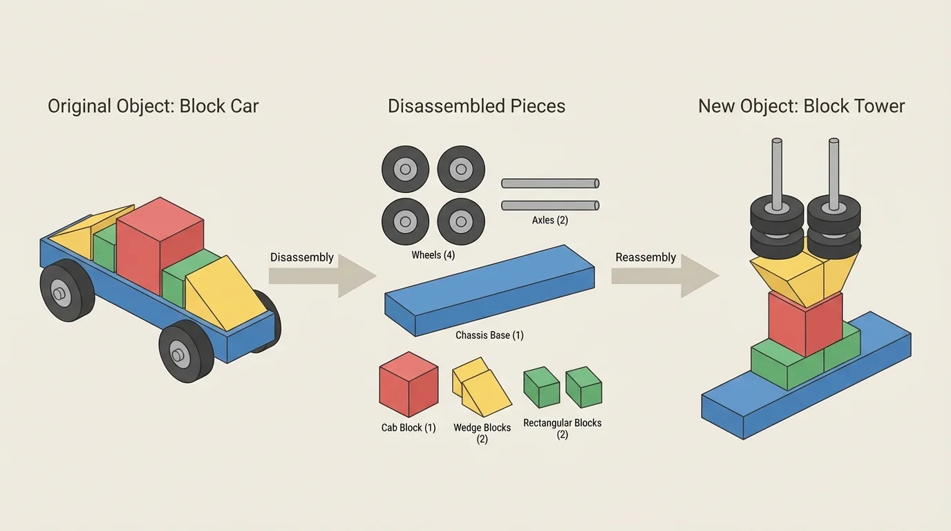 Three-panel sequence showing a block car, the same blocks separated, and the blocks rebuilt as a tower