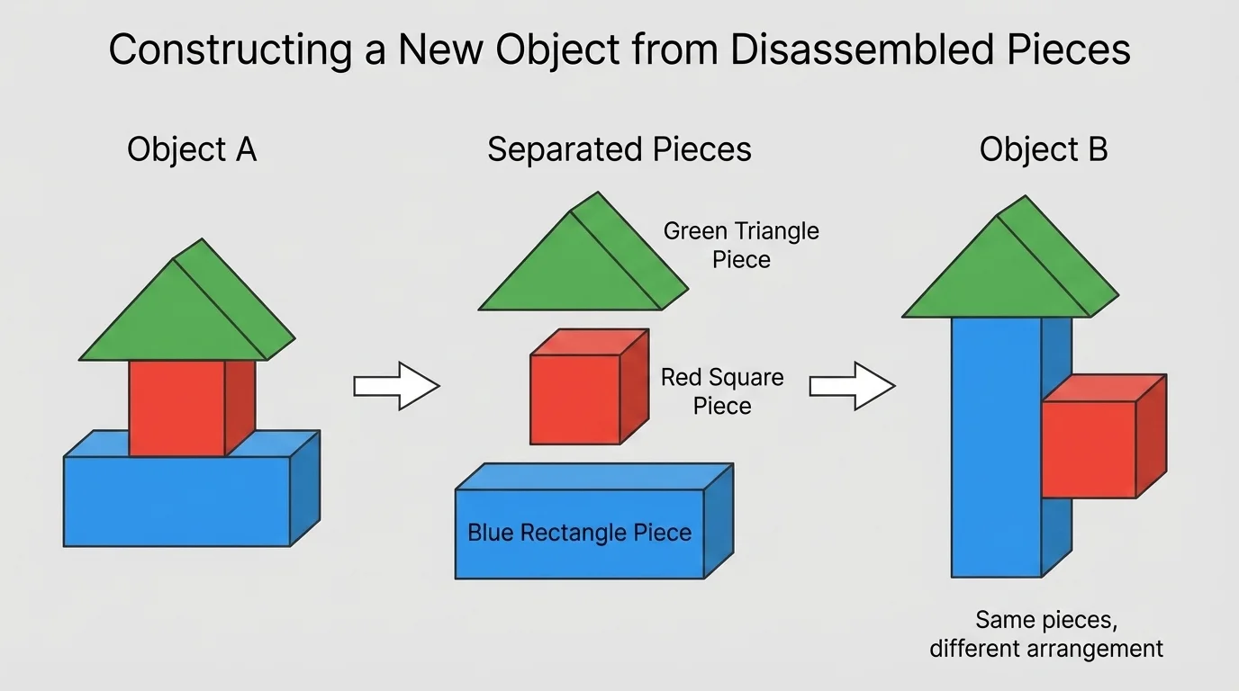 Simple comparison chart with object A, separated pieces, and object B using the same colored pieces