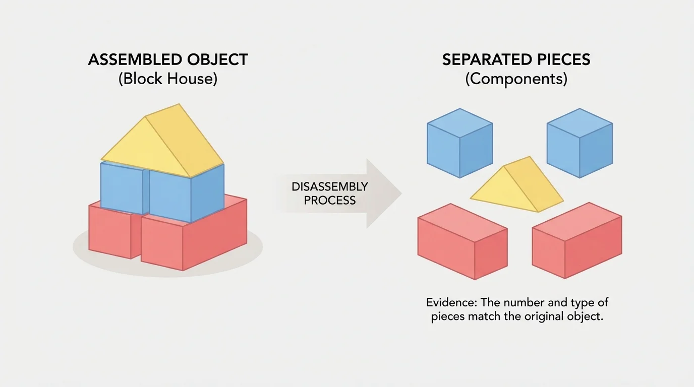 Child's block house built from a few colored blocks, with the same blocks shown separated nearby