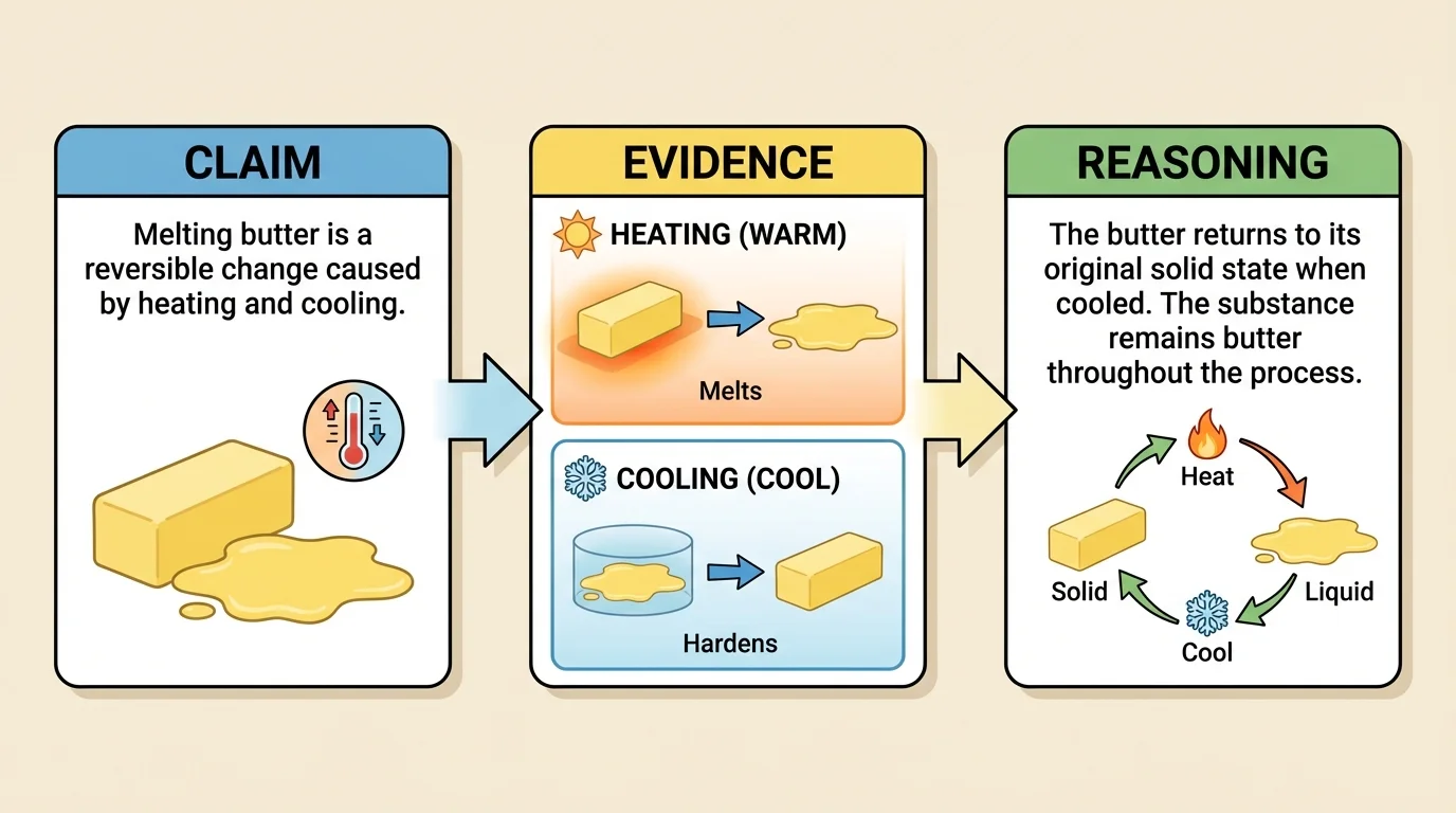 Three connected boxes labeled claim, evidence, and reasoning using a butter example: claim that melting butter is reversible, evidence that warm butter melts and cool butter hardens, reasoning that it changes back