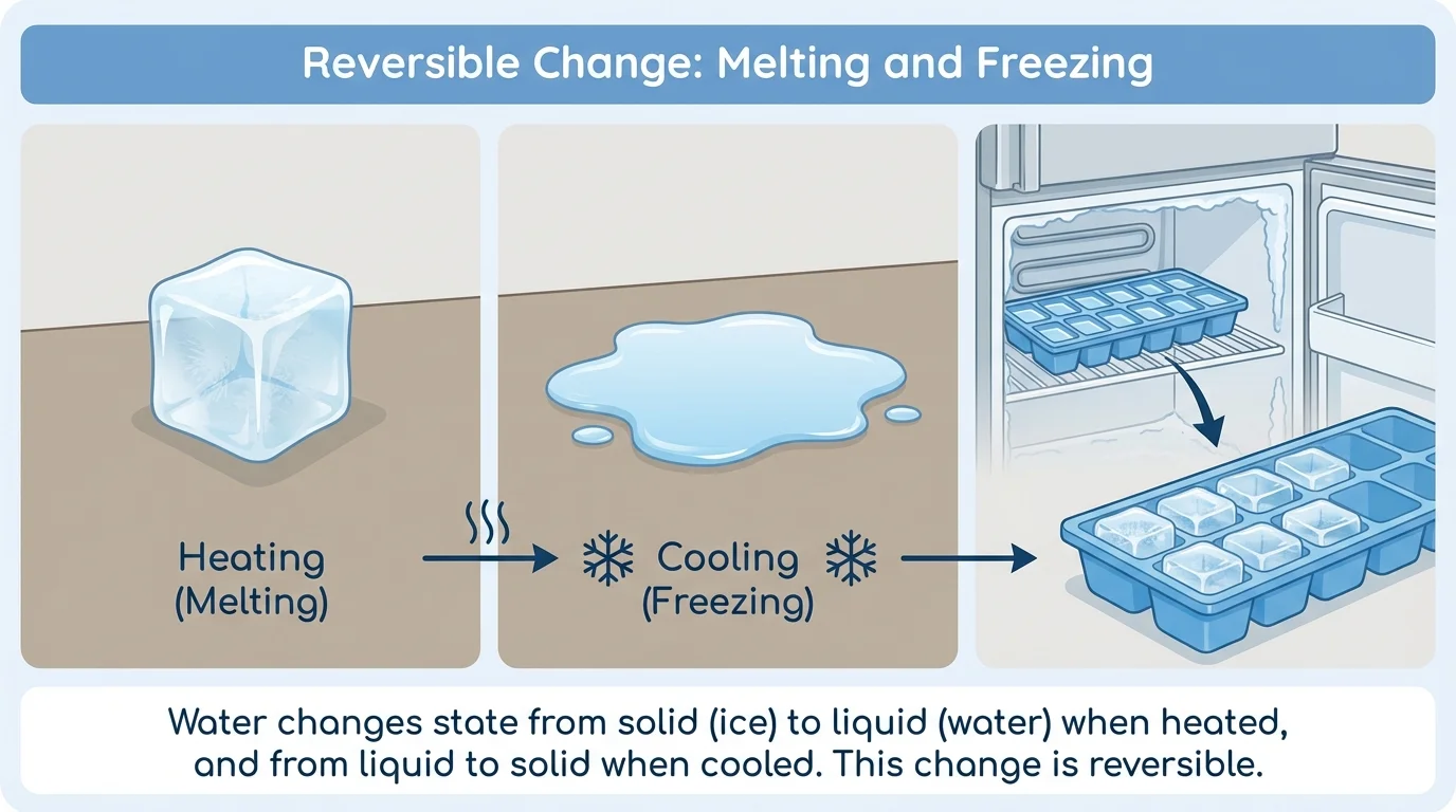 Sequence showing an ice cube melting into a puddle of water on a table, then water in an ice tray placed in a freezer becoming ice cubes again