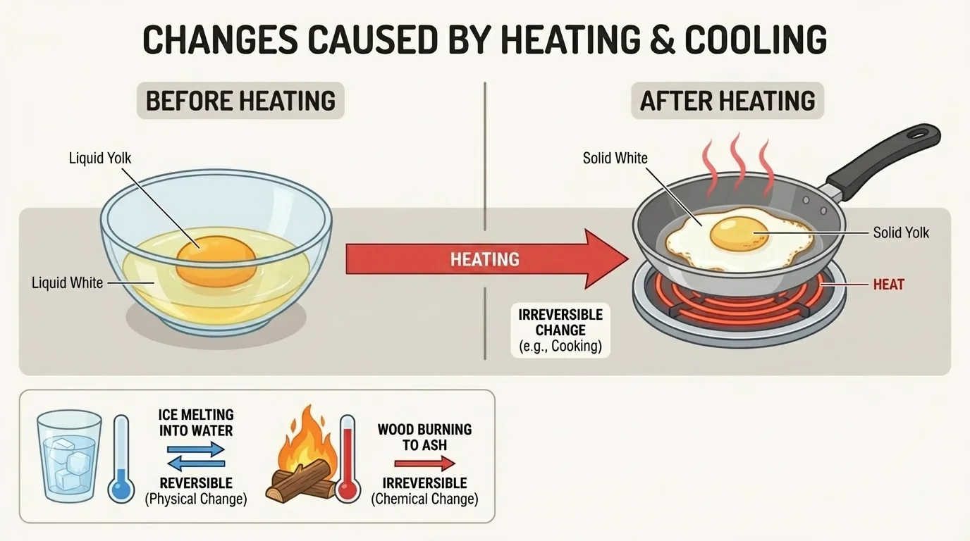 Side-by-side view of a raw egg cracked into a bowl and a cooked fried egg in a pan, with heat from the stove shown