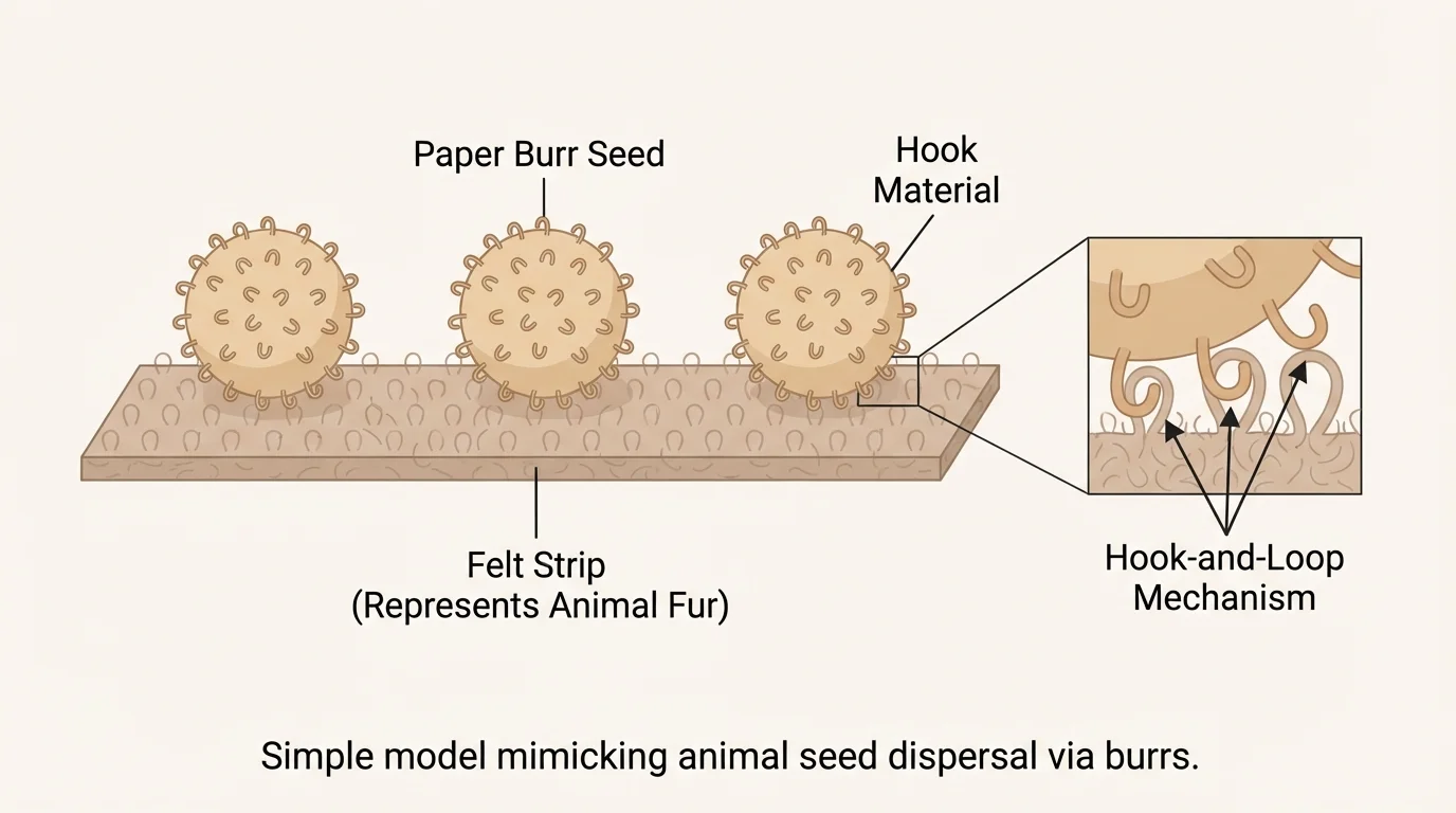 Felt strip representing animal fur with paper burr seeds covered in hook material sticking to it