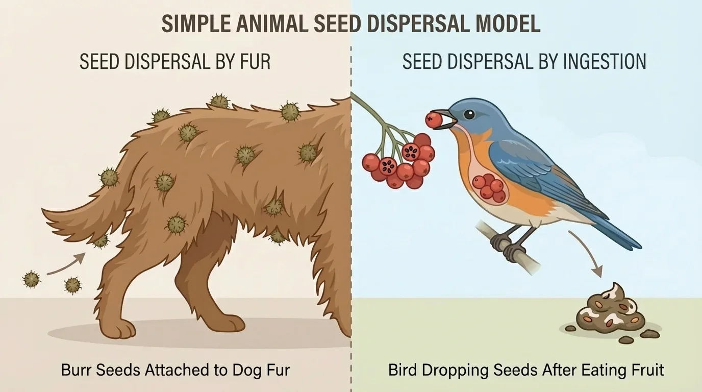 Split scene showing burr seeds attached to dog fur on one side and a bird dropping seeds after eating fruit on the other side