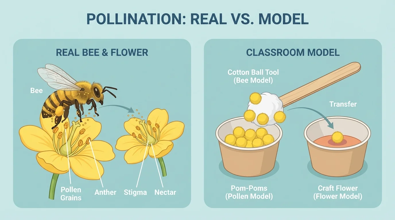 Side-by-side comparison of a real bee and flower with a classroom model using pom-poms for pollen and a cotton ball tool for the bee