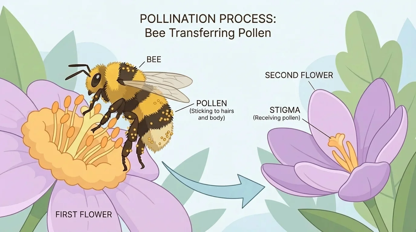 Bee visiting two flowers, with yellow pollen sticking to its body and moving to the second flower