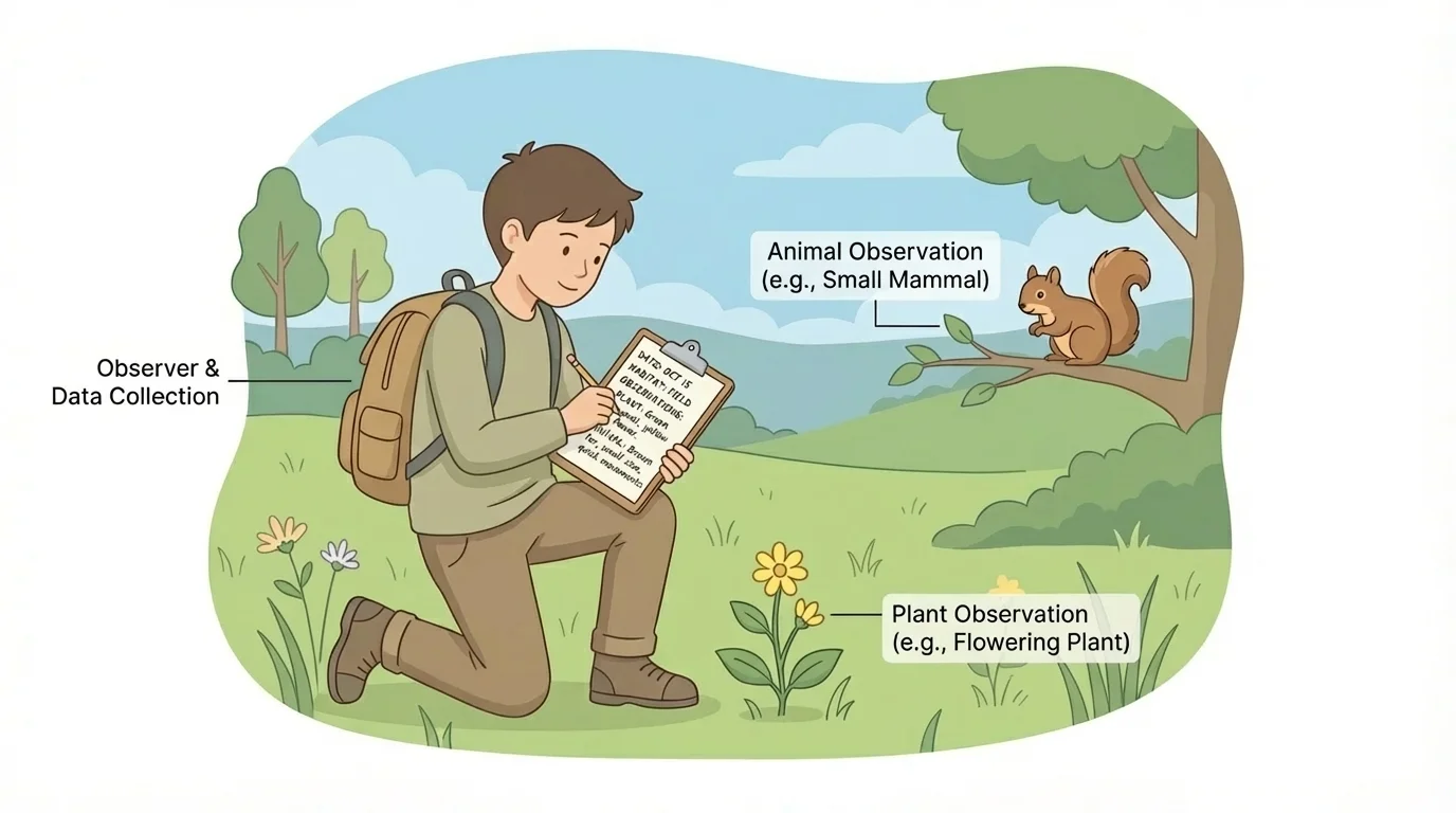 A young student kneeling safely near a plant and watching a small animal from a distance, writing notes about color, size, and movement in a notebook