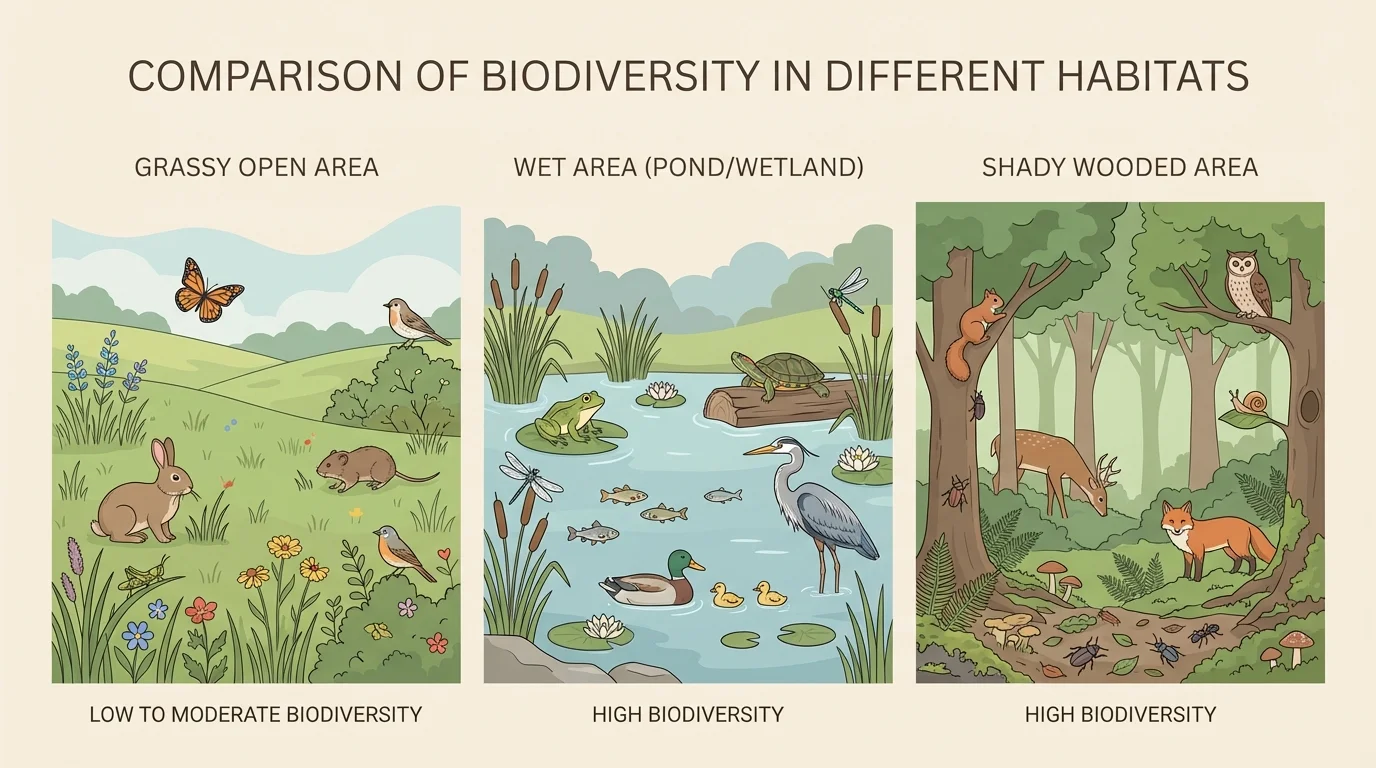 Simple comparison chart of three habitats—grassy open area, wet area, and shady wooded area—with pictures showing different numbers and kinds of plants and animals in each