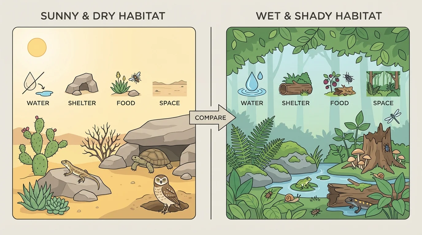Two side-by-side habitats, one sunny and dry and one wet and shady, with simple labels or icons for water, shelter, food, and space
