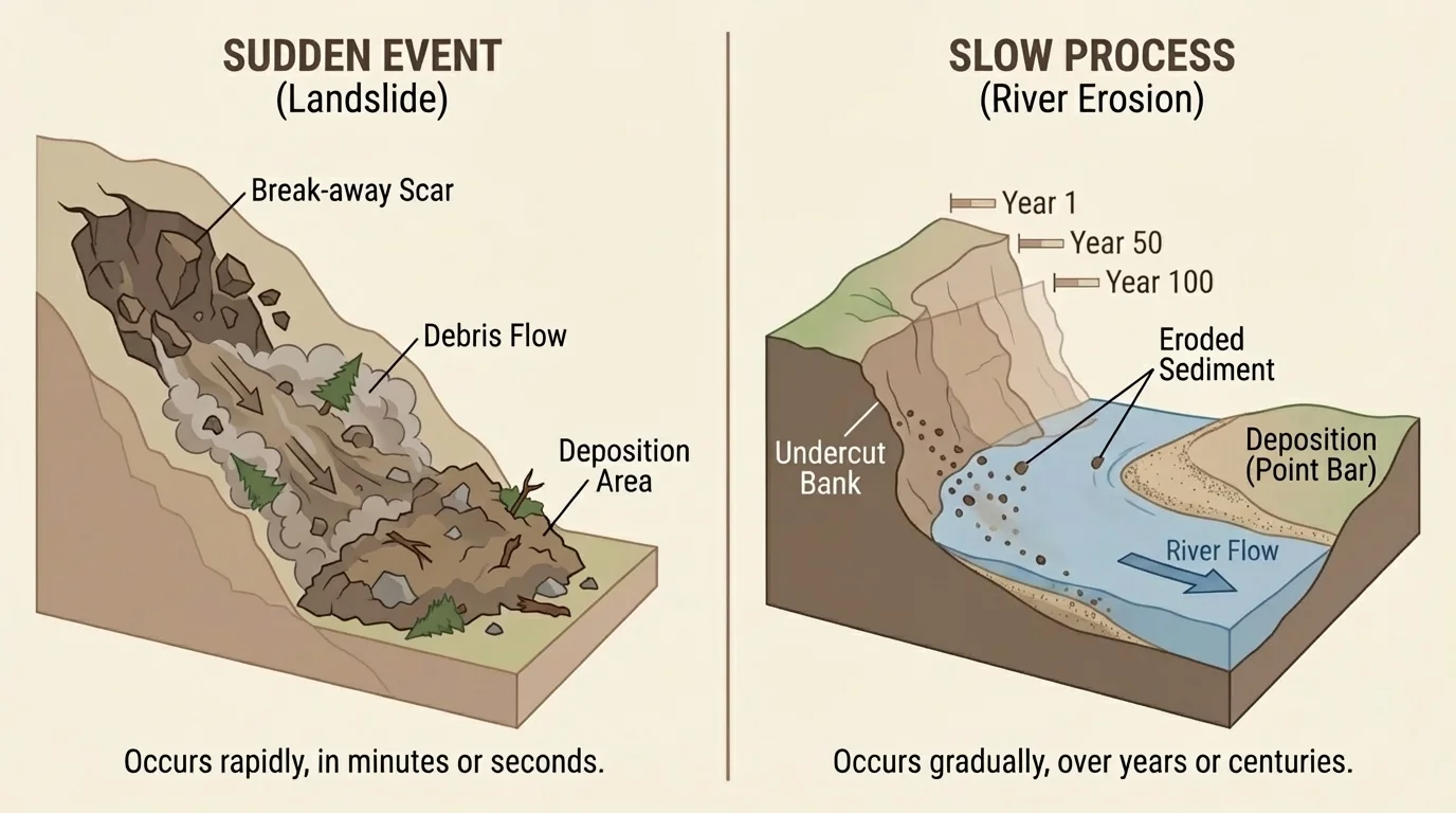side-by-side comparison of a sudden hillside landslide and a river slowly wearing away its bank over time