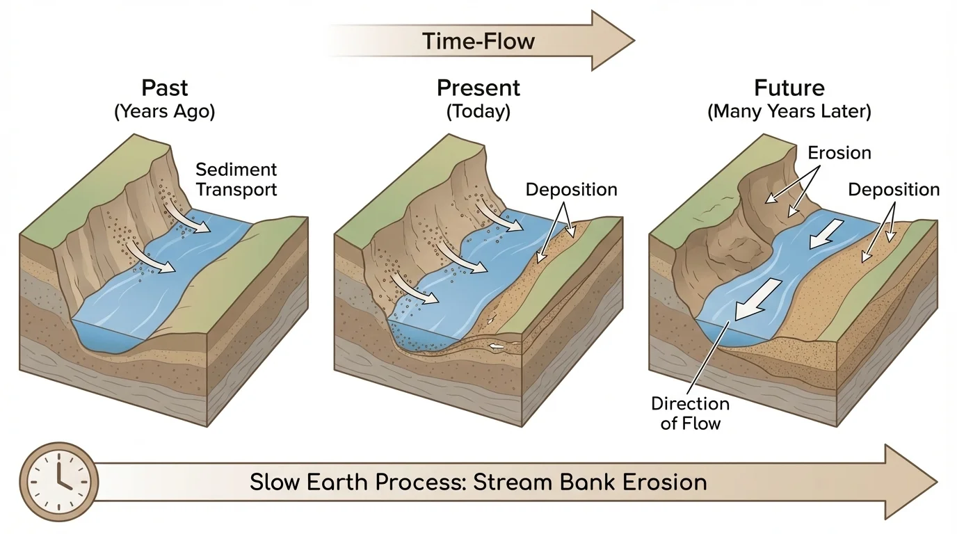 stream slowly carrying away tiny pieces of rock and soil and changing the shape of the bank over time