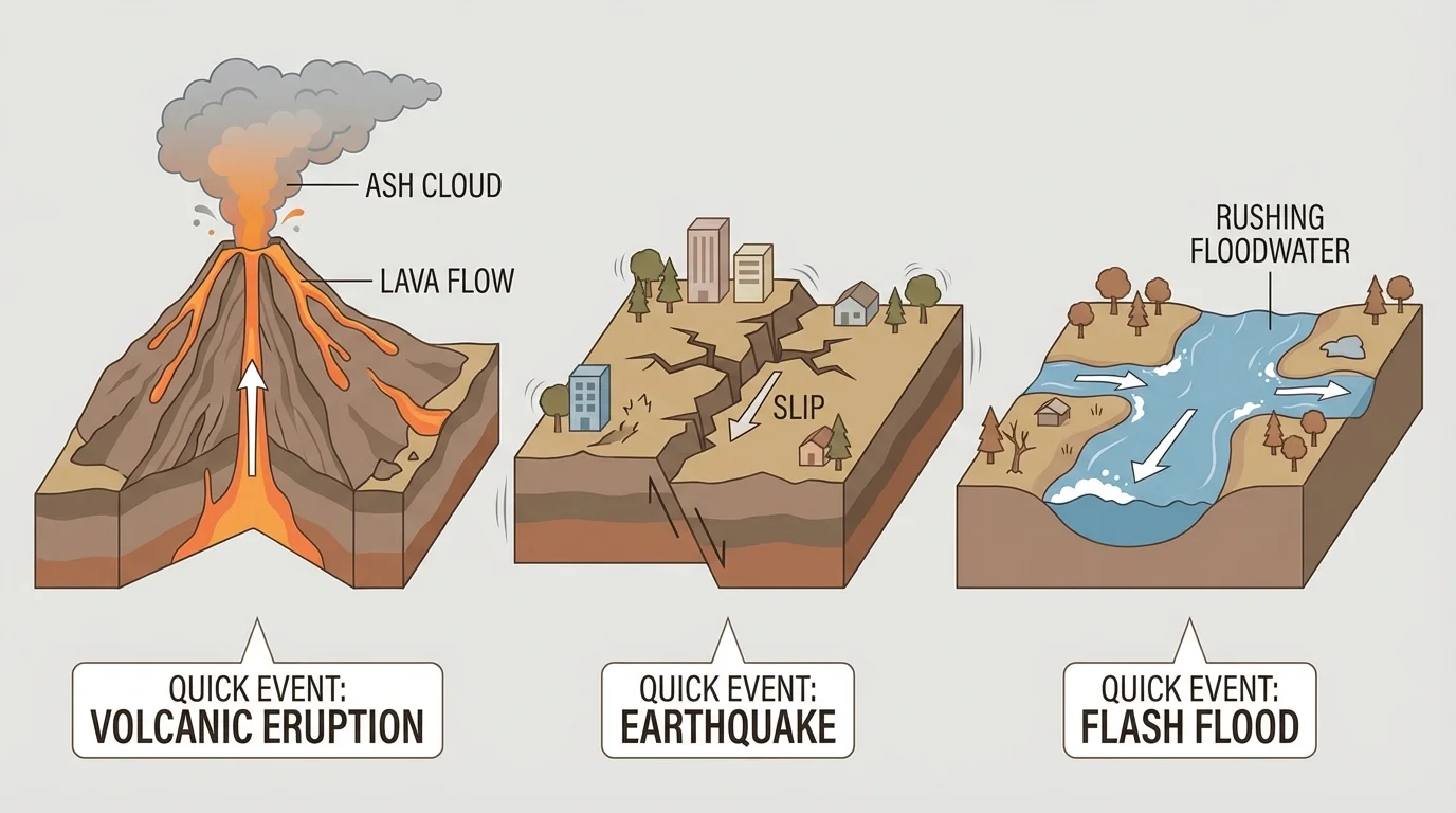 erupting volcano, shaking ground from an earthquake, and rushing floodwater changing land quickly