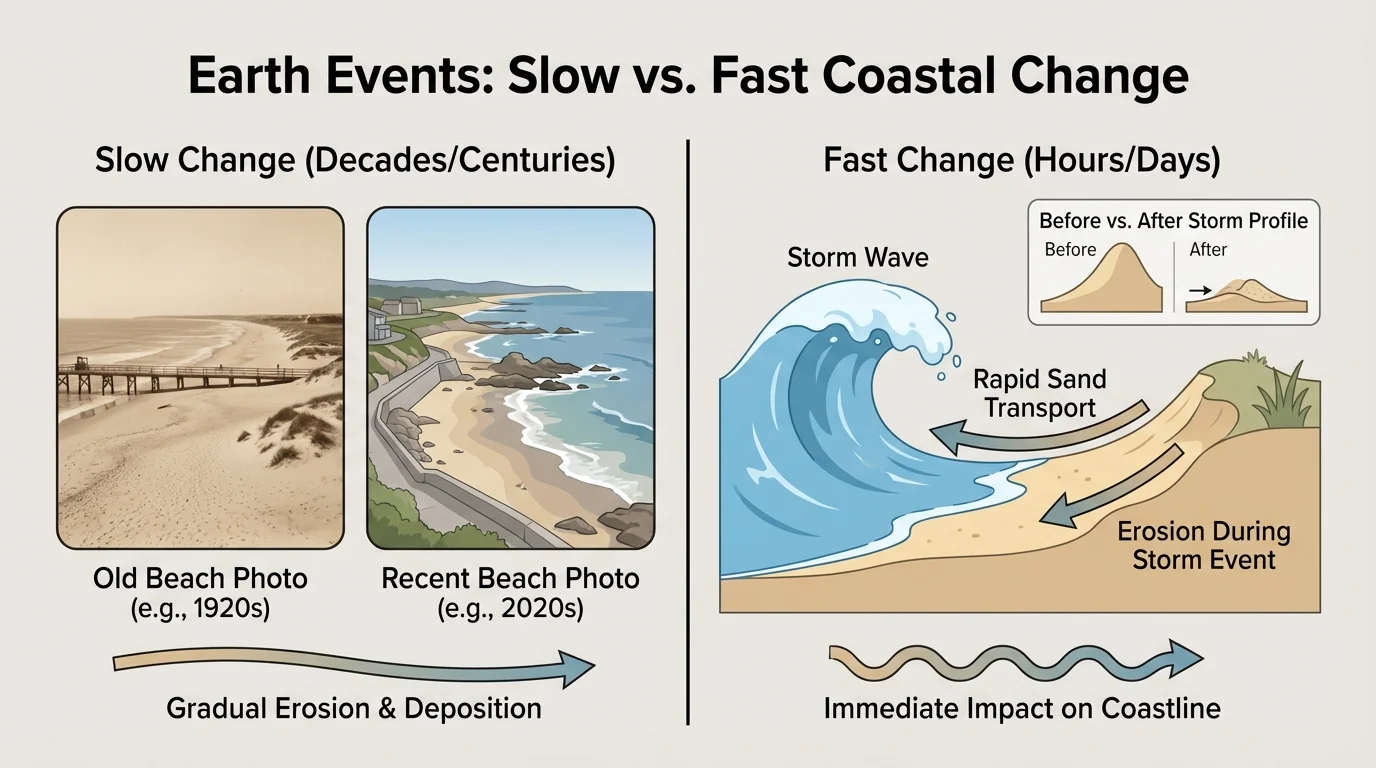 old beach photo, recent beach photo, and a simple drawing of waves moving sand along the shore
