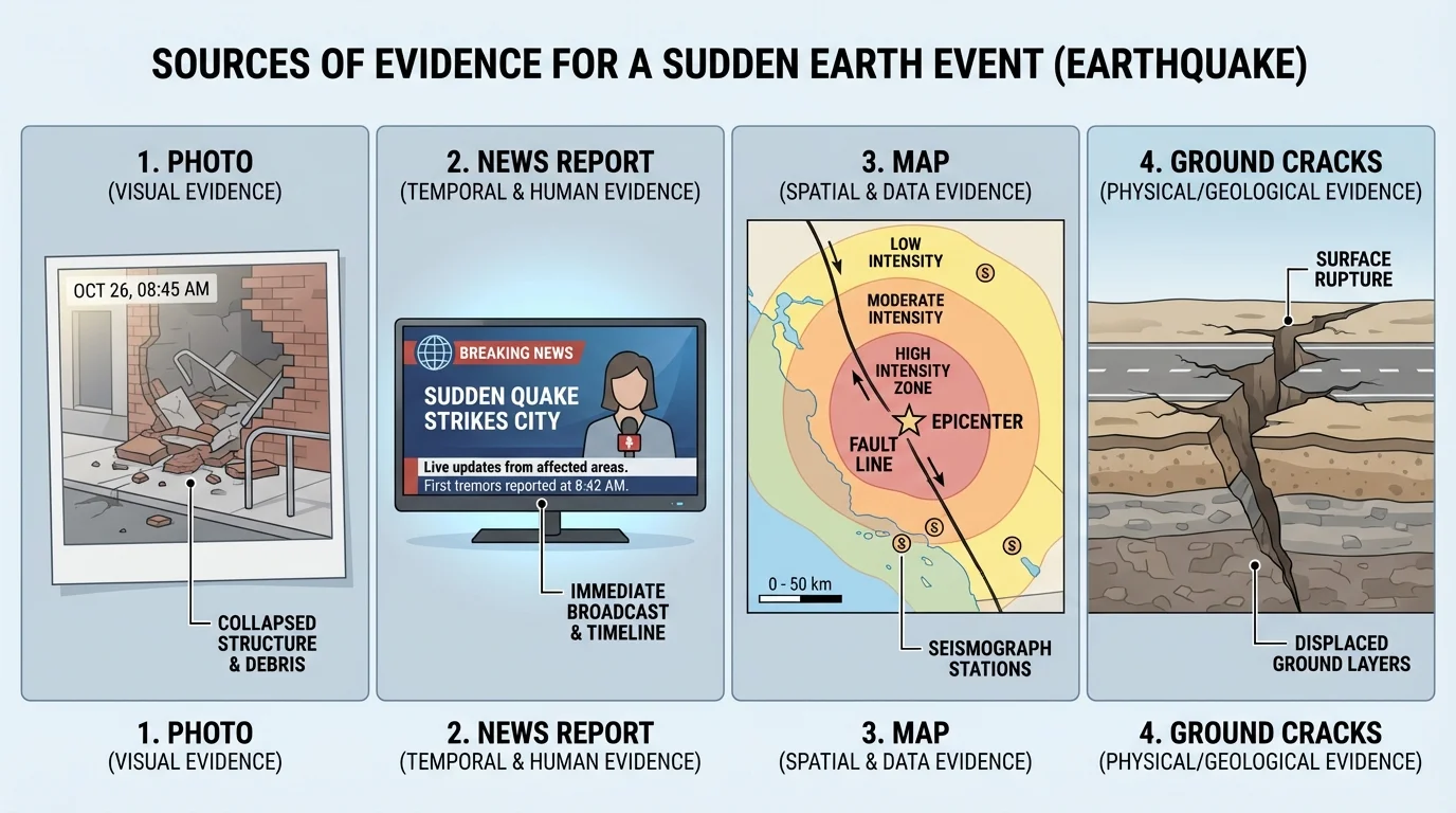 chart showing a photo, news report, map, and ground cracks as different sources of evidence for an earthquake