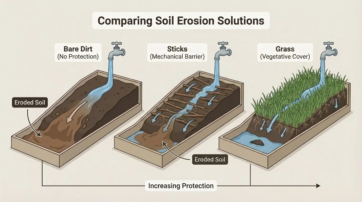 Side-by-side model trays showing more soil washing away from bare dirt than from dirt protected by grass or sticks