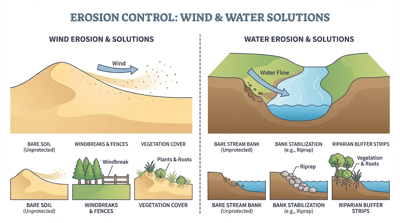 Small landscape showing wind blowing sand from a bare area and water washing soil from a stream bank