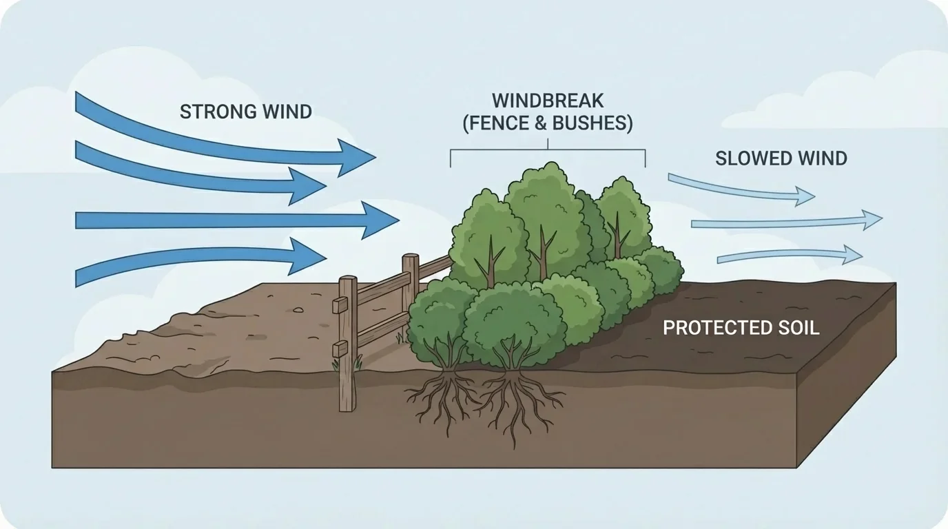 Windbreak with bushes and a fence protecting soil, arrows showing slower wind behind the barrier