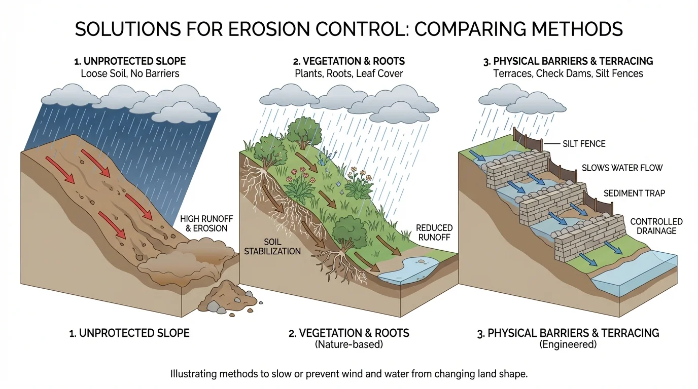 Rainwater moving down a slope with grass holding soil, rocks at the edge, and a small barrier slowing runoff