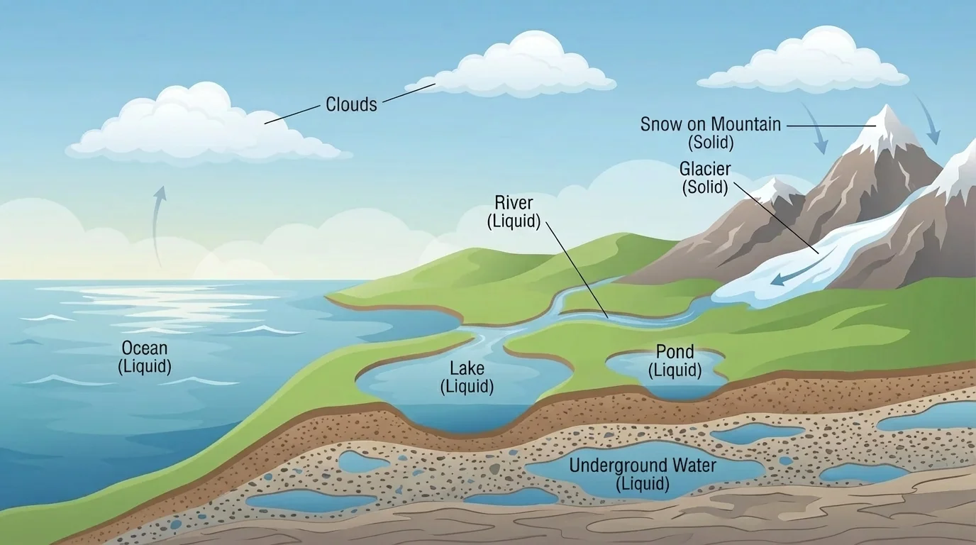 Earth scene with ocean, river, lake, pond, underground water, glacier, snow on mountain, and clouds with simple labels