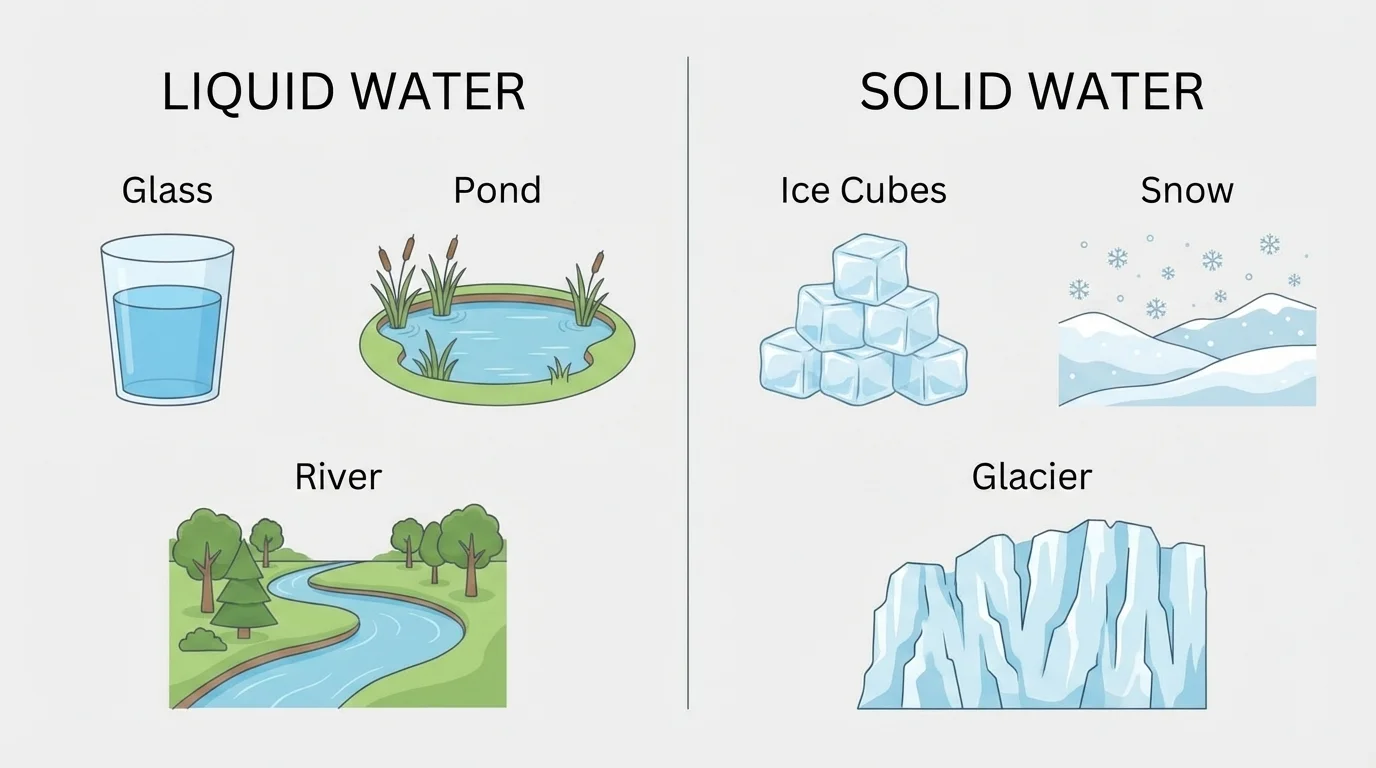 Side-by-side examples of liquid water in a glass, pond, and river and solid water as ice cubes, snow, and a glacier